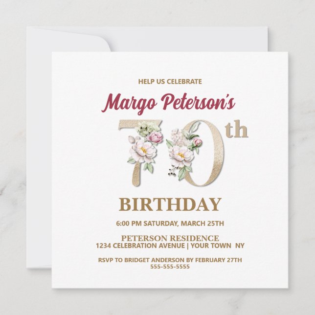 Rose Floral M 70e Anniversaire Fête Invitation (Devant)