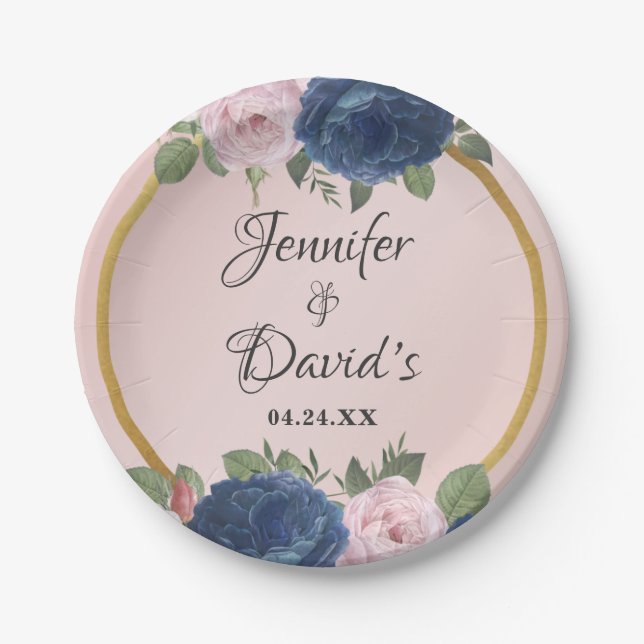 Rose Floral Navy Blue Blush Pink Gold Wedding Paper Plate (Front)