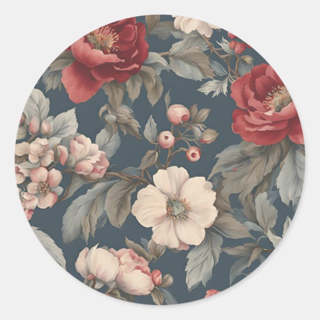 Rose Floral on Spruce Classic Round Sticker (Front)