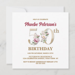 Rose Floral P 50e Anniversaire Fête Invitation