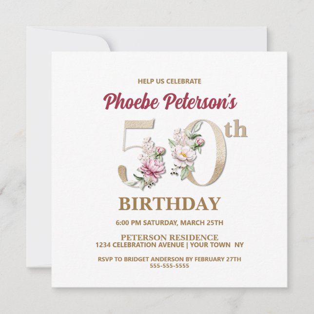 Rose Floral P 50th Birthday Party Invitation (Front)
