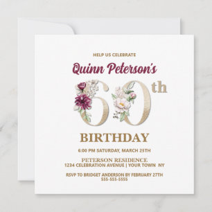 Rose Floral Q 60e Anniversaire Fête Invitation