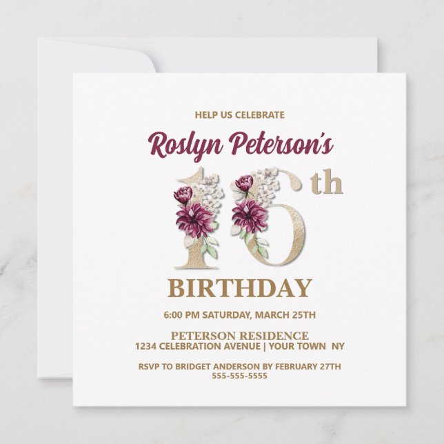 Rose Floral R 16th Birthday Party Invitation (Front)