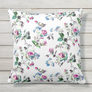 Rose Floral rose et bleu Coussin extérieur