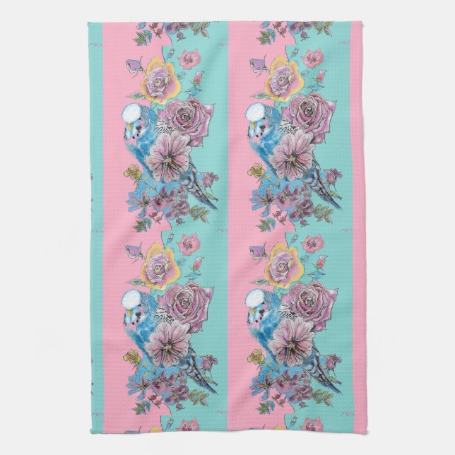 Rose Floral Roses Budgie Bird Womans Pink Aqua Kitchen Towel (Vertical)
