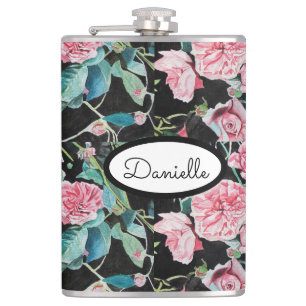 Rose Floral Roses Vintage Garden Womans Pink Black Hip Flask