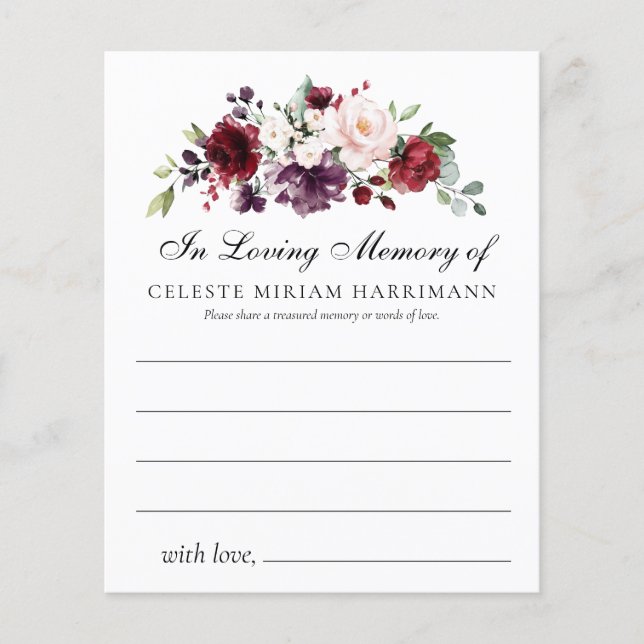 Rose Floral Share a Memory Funeral Attendance Card (Front)