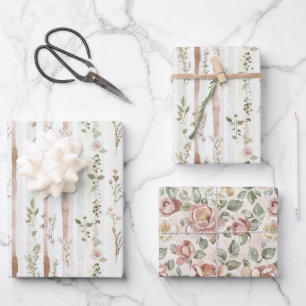 Rose Floral Stripes Bridal Shower Wrapping Paper Sheet