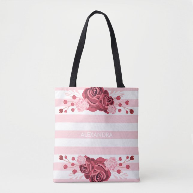 Rose Floral Stripes Tote Bag (Front)