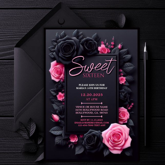 Rose Floral Sweet 16 Anniversaire Fête Invitation (Editable Sweet 16 Invitation, Black and Pink Sweet Sixteen, Floral 16th Birthday Party Invite)