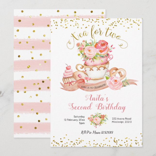 Rose Floral Tea pour deux Anniversaire Invitation (Devant / Derrière)