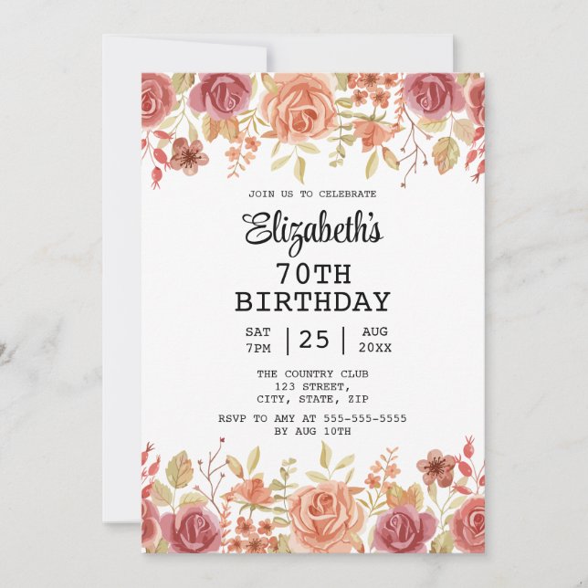 Rose Floral Terracotta Brown 70th Birthday  Invitation (Front)