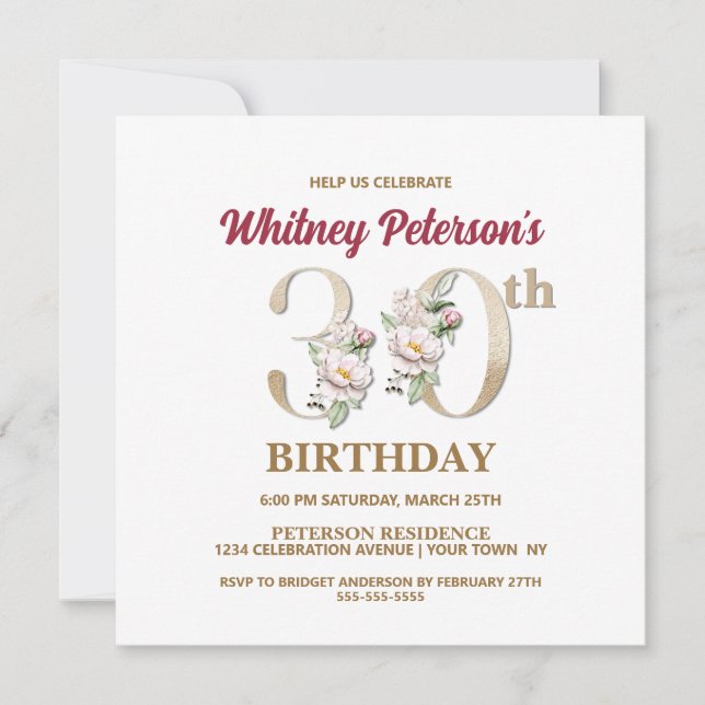 Rose Floral W 30th Birthday Party Invitation (Devant)