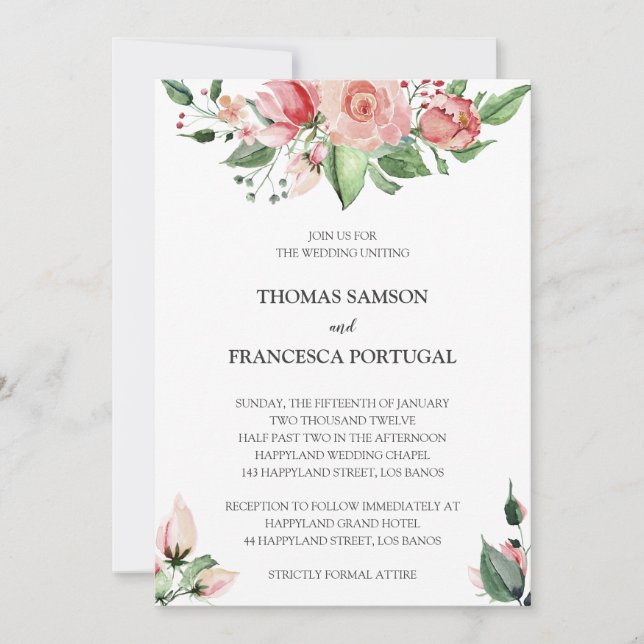 Rose Floral Watercolor Wedding Invitation (Front)
