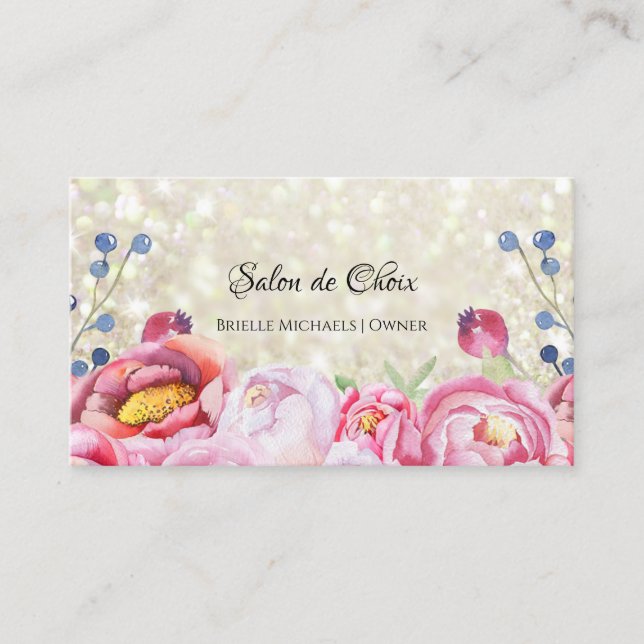 Rose Floral White Glitter Sparkle Hair and Beauty Business Card (Front)