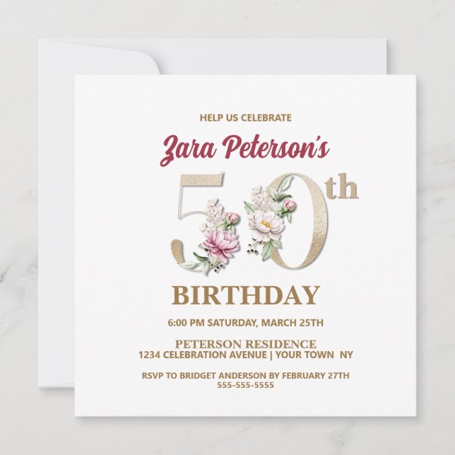 Rose Floral Z 50e Anniversaire Fête Invitation (Devant)