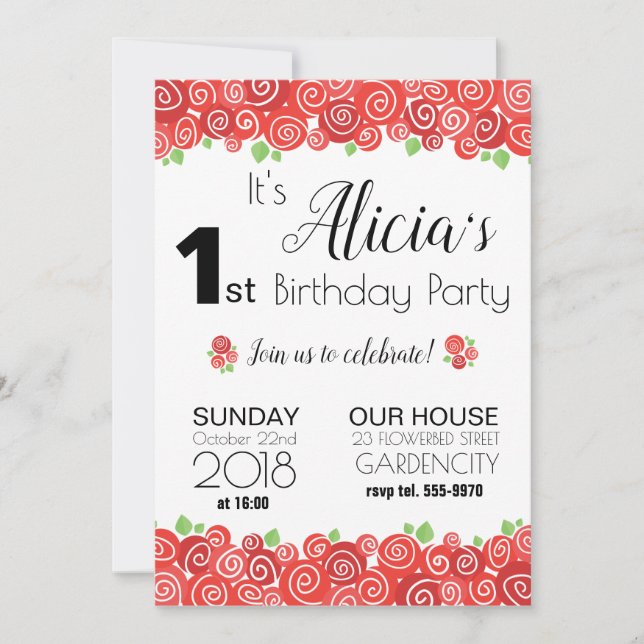 Rose florale 1er anniversaire fille invitation (Devant)