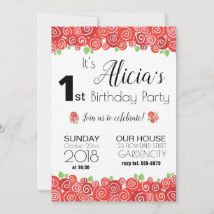 Rose florale 1er anniversaire fille invitation