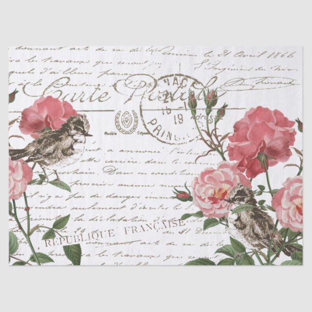 Rose Flower Bird Postcard French Script Decoupage  Tissue Paper (Front)