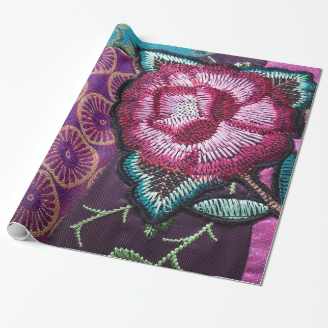 Rose flower boho tapestry embroidered look wrapping paper (Unrolled)