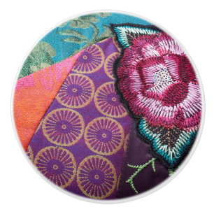 Rose flower boho tapestry purple teal floral ceramic knob
