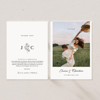 Rose Flower Elegant Calligraphy Wedding Photo Thank You Card