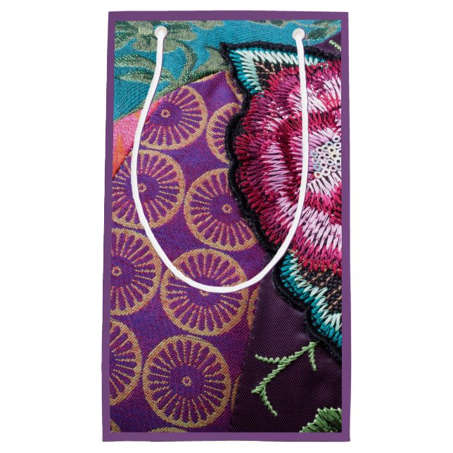 Rose flower embroidered look boho purple small gift bag (Front)