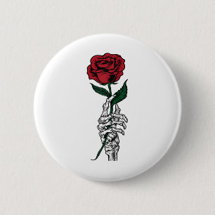Rose Flower Gift - White Skeleton Hand Holding A R 2 Inch Round Button