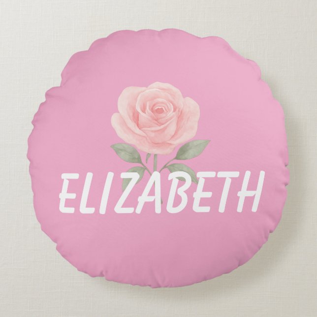 Rose Flower Pink Name  Round Pillow (Front)