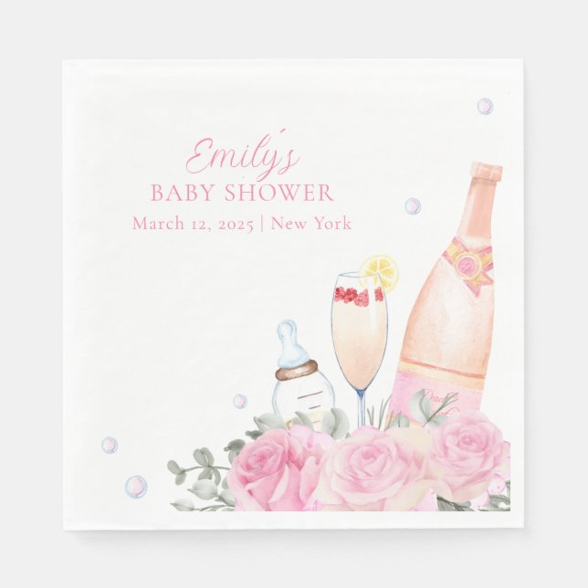 Rose Flower Poppin Champagne Bottles Baby Shower Napkin (Front)