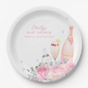 Rose Flower Poppin Champagne Bottles Baby Shower Paper Plate