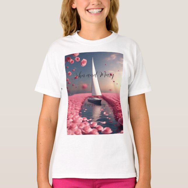 Rose flower sailboat wedding sticker T-Shirt (Front)