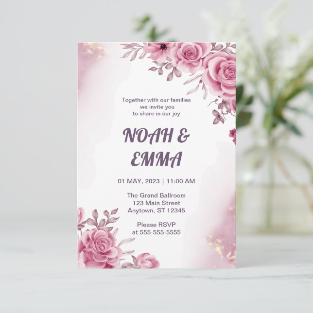 Rose Flower Wedding Invitation | Dark shade Purple (Standing Front)