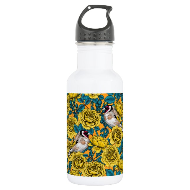 Rose flowers and goldfinch birds 532 ml water bottle (Front)