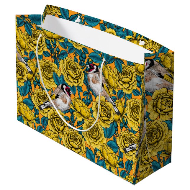 Rose flowers and goldfinch birds large gift bag (Back Angled)