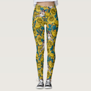Rose flowers and goldfinch birds leggings