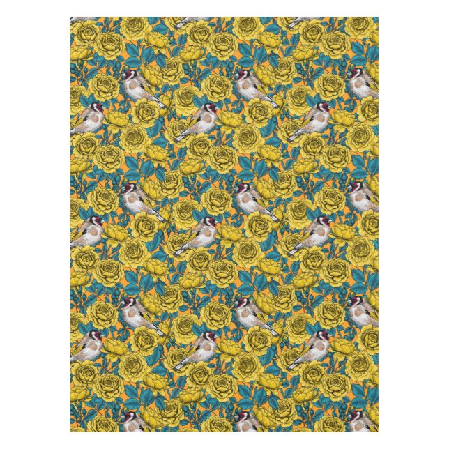 Rose flowers and goldfinch birds tablecloth (Front)