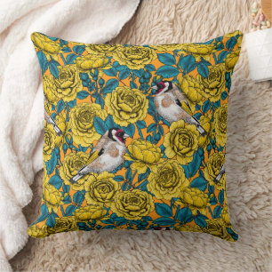Rose flowers and goldfinch birds throw pillow