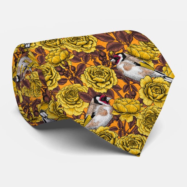 Rose flowers and goldfinch birds tie (Rolled)