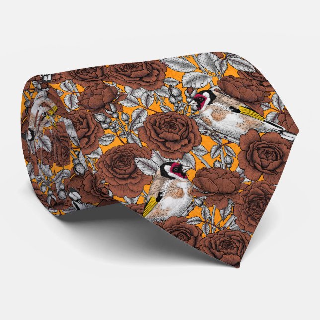 Rose flowers and goldfinch birds tie (Rolled)