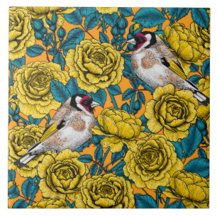 Rose flowers and goldfinch birds tile