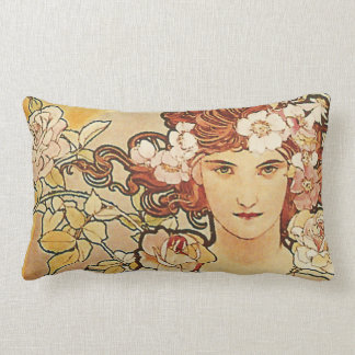 Rose Flowers Art Nouveau Alphonse Mucha Lumbar Pillow