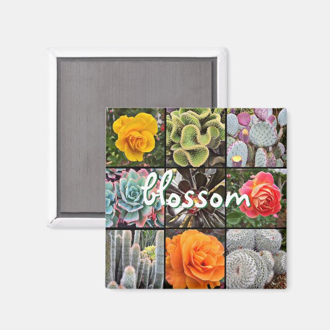 Rose Flowers Cacti Photo Collage Blossom Script Magnet (Front/Back)