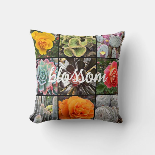 Rose Flowers Cacti Photo Collage Blossom Script Throw Pillow (Front)