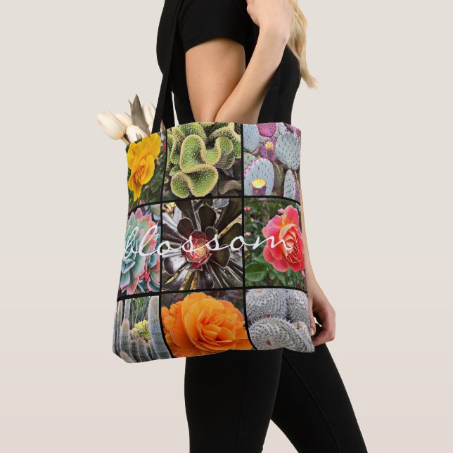 Rose Flowers Cacti Photo Collage Blossom Script Tote Bag (Close Up)