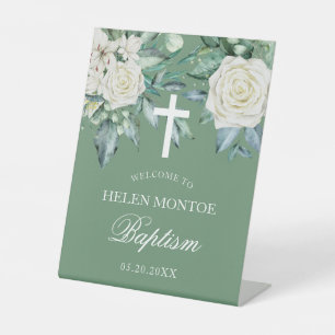  Rose Flowers Eucalyptus Baptism Green Pedestal Sign