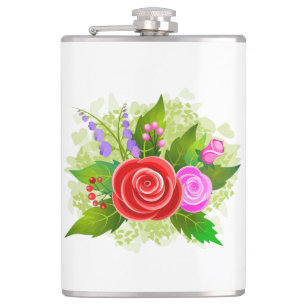 Rose Flowers Illustration Hip Flask