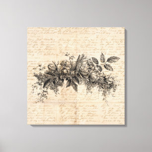 Rose Flowers Vintage Art Script Background Canvas Print