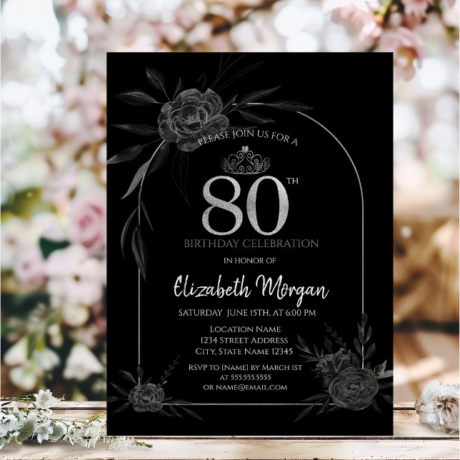 Rose foncé Noir 80e anniversaire Invitation (Créateur téléchargé)
