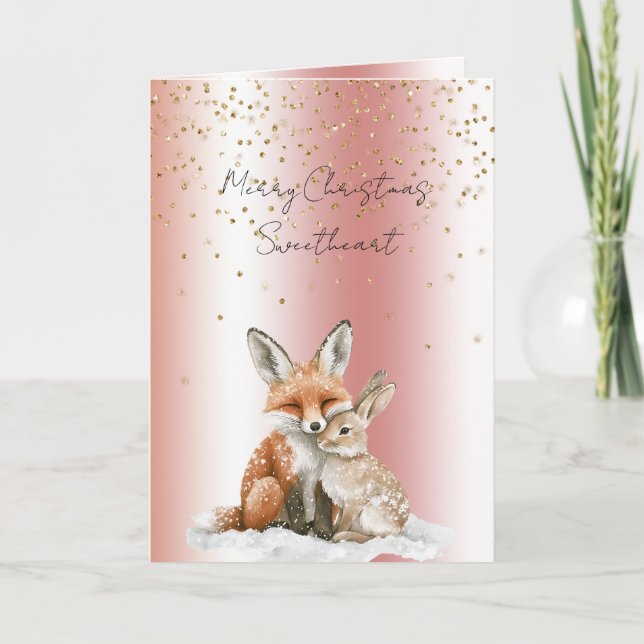 Rose Fox Deer Love Glitter Sweetheart Christmas Card (Front)